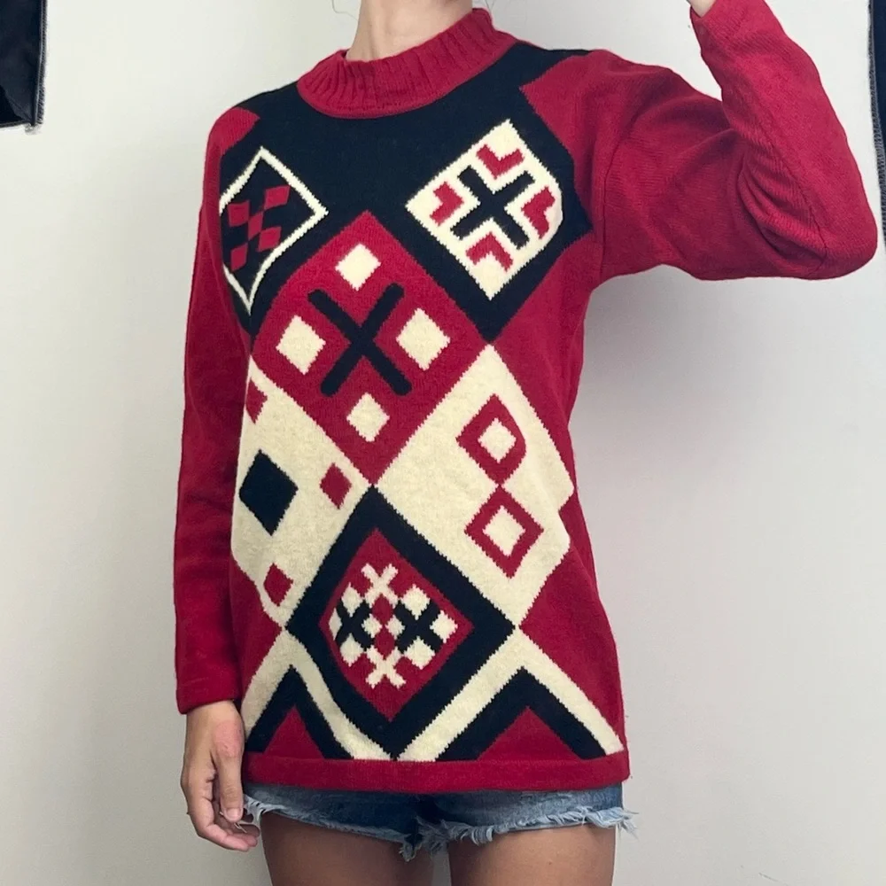David Jones 100% Lambswool Knit Sweater Jumper Red Argyle Vintage Style L/XL - Picture 3 of 12